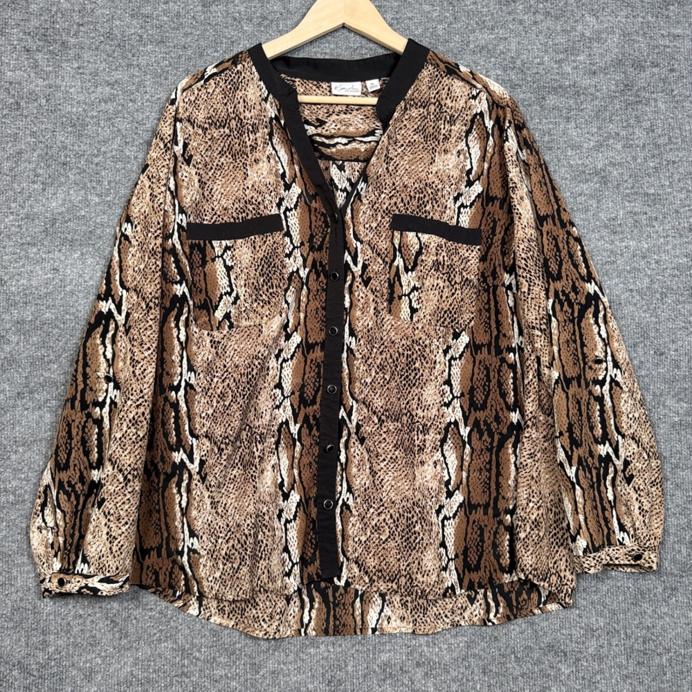 Kim Rogers Plus Size 3X Tunic Blouse Brown Roll Tab Sleeve Snake Print Button Up